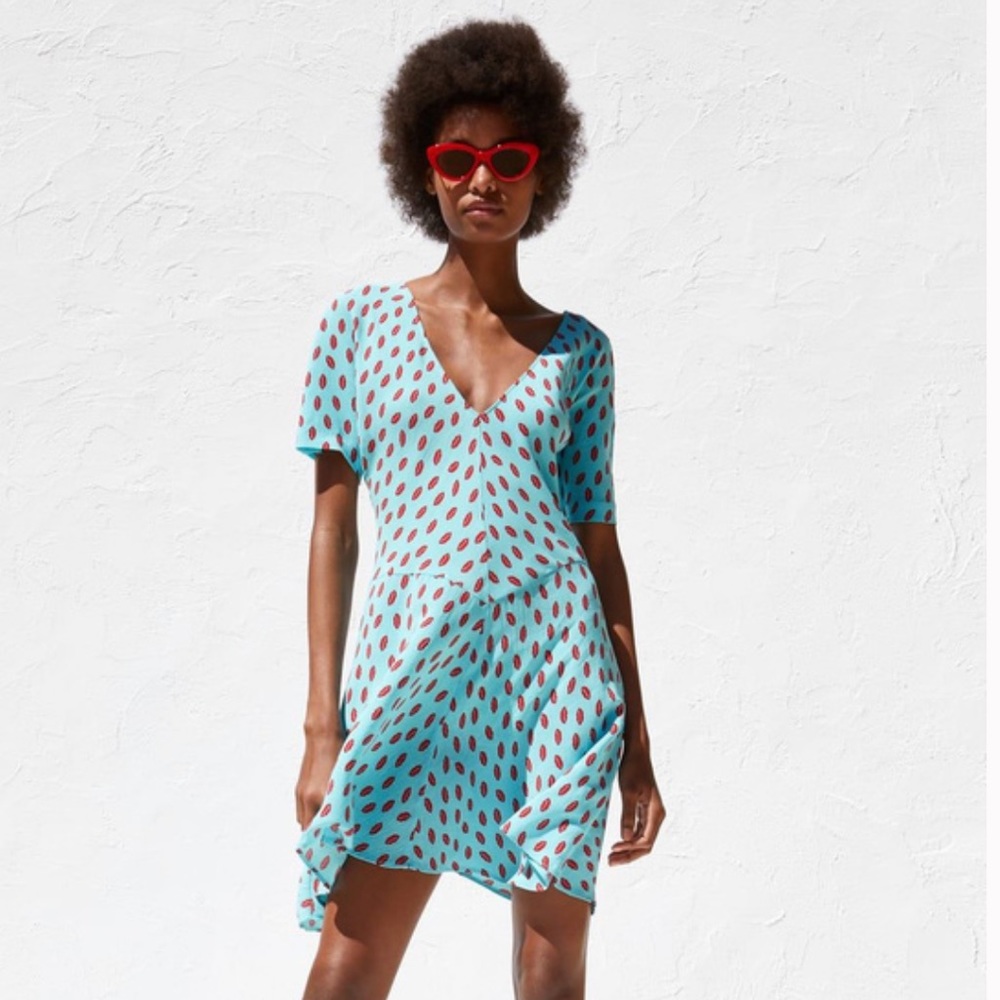 ZARA Turquoise and Red Lip Print Dress